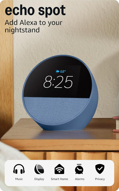 Echo Spot Smart Alarm Clock with Alexa - Ideal for Nightstands, Offices, and Kitchens, Black