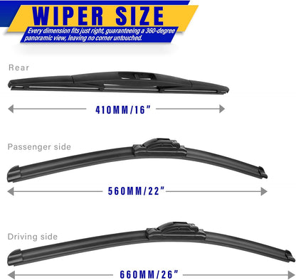 Premium Wiper Blade Replacement Set for 2005-2022 Honda Odyssey - 3 Original Equipment Blades (26"/22"/16") with U/J Hook