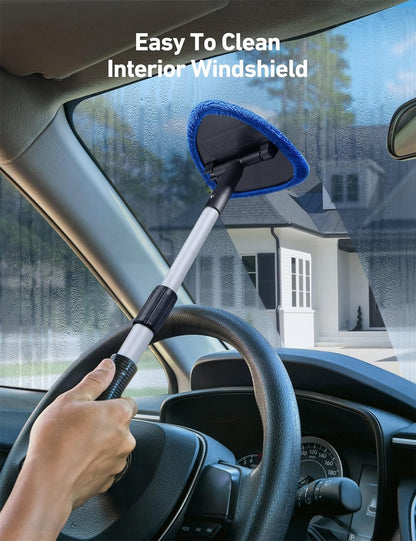 Ultimate Windshield Cleaner Tool - Car Interior Detailing Kit with Extendable Handle & 4 Reusable Microfiber Pads, Perfect for Auto Glass Wiping - 15.9In-21In, Blue