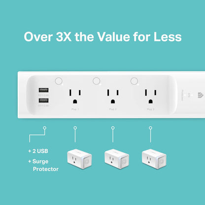 Plug Power Strip KP303 - Surge Protector with 3 Smart Outlets and 2 USB Ports, Compatible with Alexa and Google Home, No Hub Required, White