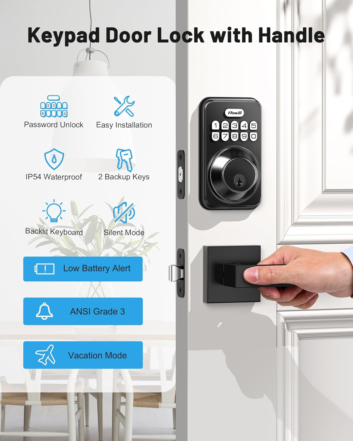 Matte Black Keyless Entry Door Lock Set - Electronic Keypad Deadbolt with Auto-Locking & Anti-Peeping Password, Includes 2 Lever Handles