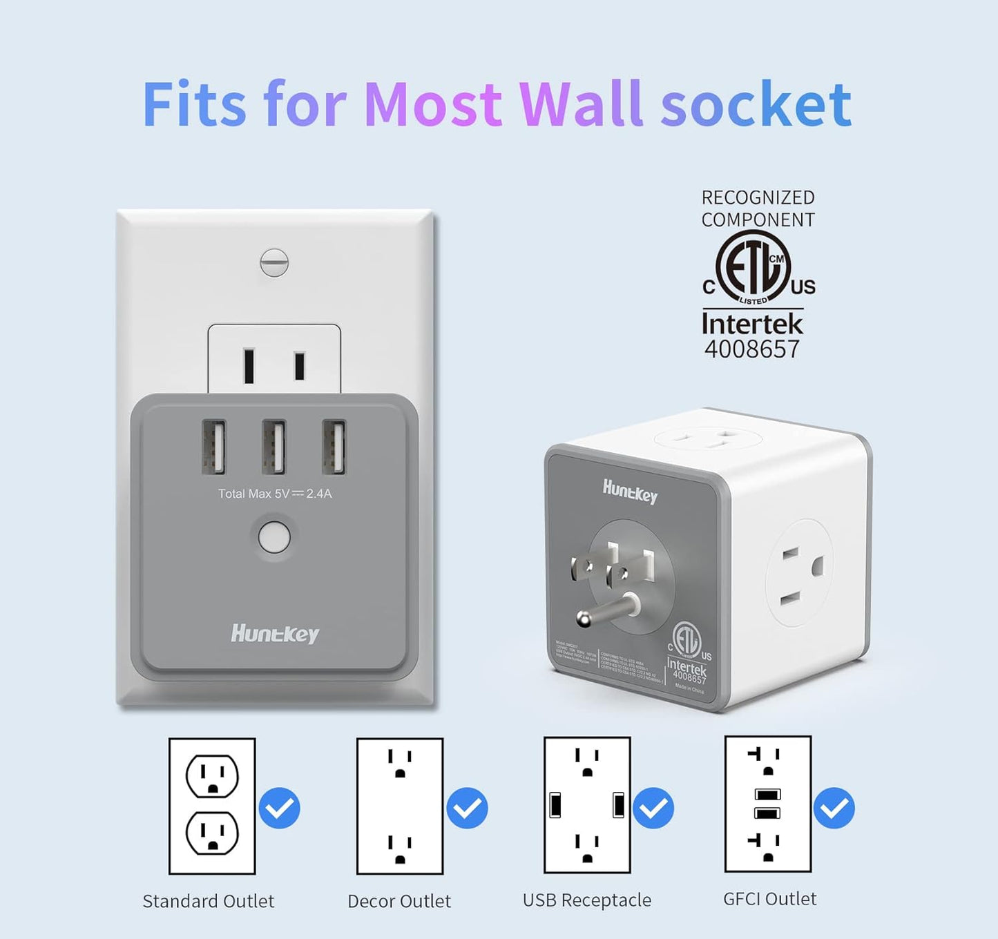 Multi-Outlet Wall Adapter with USB Charging Ports - 4 AC Outlets and 3 USB Ports for Home, Office, and Travel