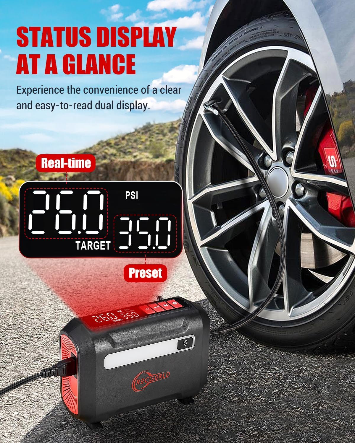 R8 Portable Tire Inflator - Fast 3X Inflation Air Compressor with Dual Digital Screen for Car, Bike, and Sports Equipment