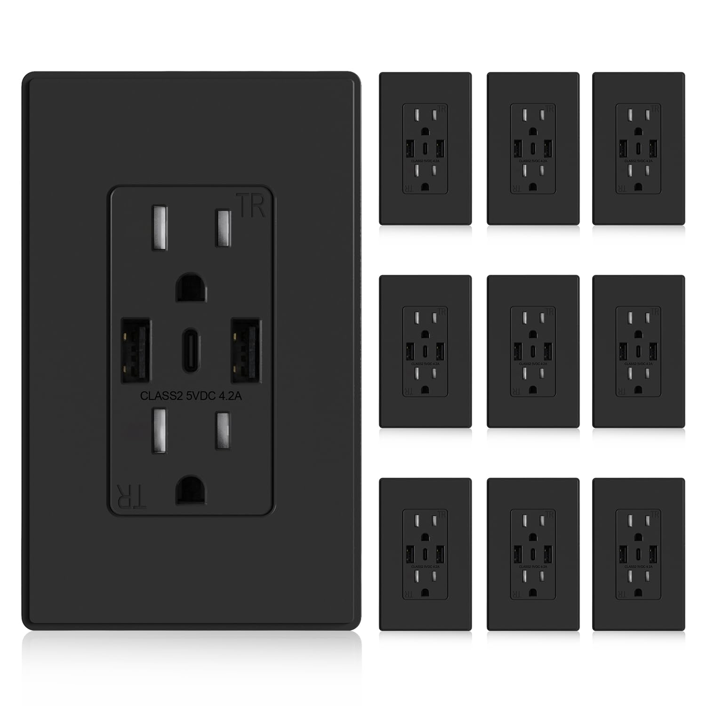 3-Port USB-C Wall Outlet Receptacle, Matte Black, 15 Amp, TR Tamper-Resistant, Screwless Wall Plate Included, UL & CUL Listed, Single Pack
