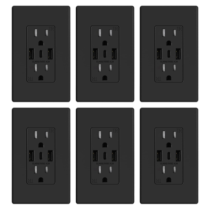 3-Port USB-C Wall Outlet Receptacle, Matte Black, 15 Amp, TR Tamper-Resistant, Screwless Wall Plate Included, UL & CUL Listed, Single Pack