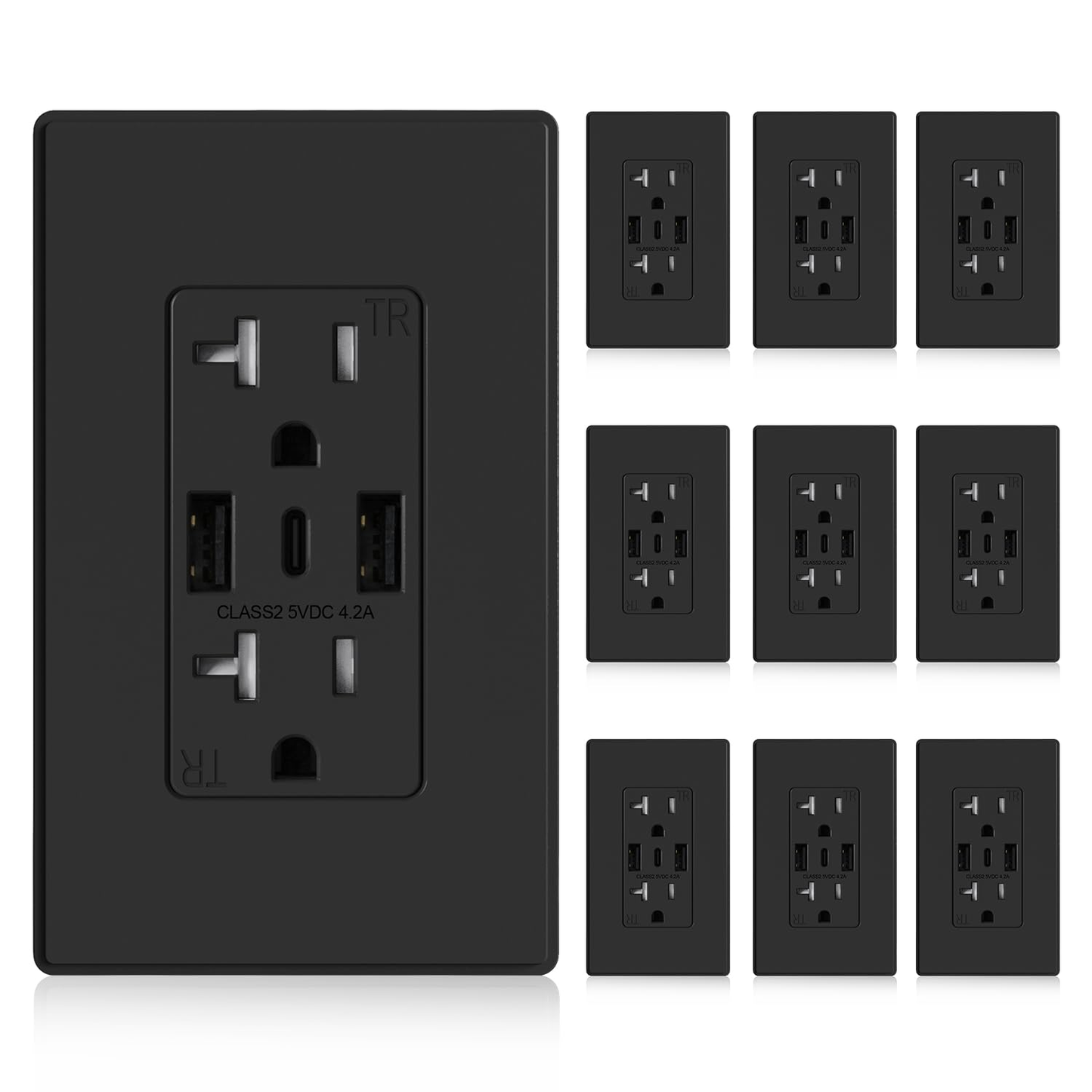 3-Port USB-C Wall Outlet Receptacle, Matte Black, 15 Amp, TR Tamper-Resistant, Screwless Wall Plate Included, UL & CUL Listed, Single Pack
