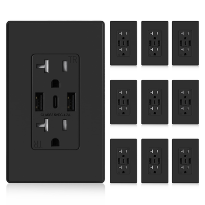 3-Port USB-C Wall Outlet Receptacle, Matte Black, 15 Amp, TR Tamper-Resistant, Screwless Wall Plate Included, UL & CUL Listed, Single Pack