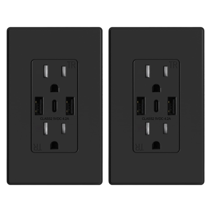 3-Port USB-C Wall Outlet Receptacle, Matte Black, 15 Amp, TR Tamper-Resistant, Screwless Wall Plate Included, UL & CUL Listed, Single Pack