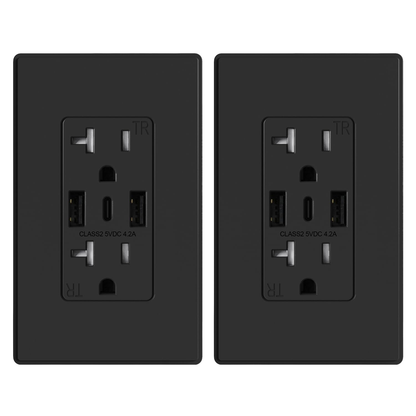 3-Port USB-C Wall Outlet Receptacle, Matte Black, 15 Amp, TR Tamper-Resistant, Screwless Wall Plate Included, UL & CUL Listed, Single Pack