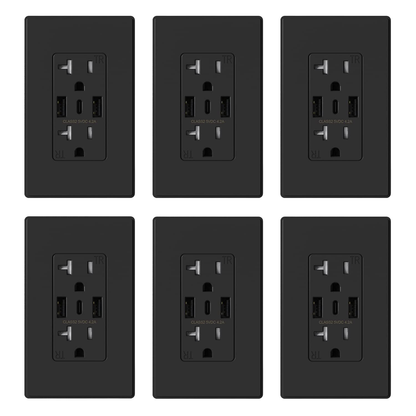 3-Port USB-C Wall Outlet Receptacle, Matte Black, 15 Amp, TR Tamper-Resistant, Screwless Wall Plate Included, UL & CUL Listed, Single Pack