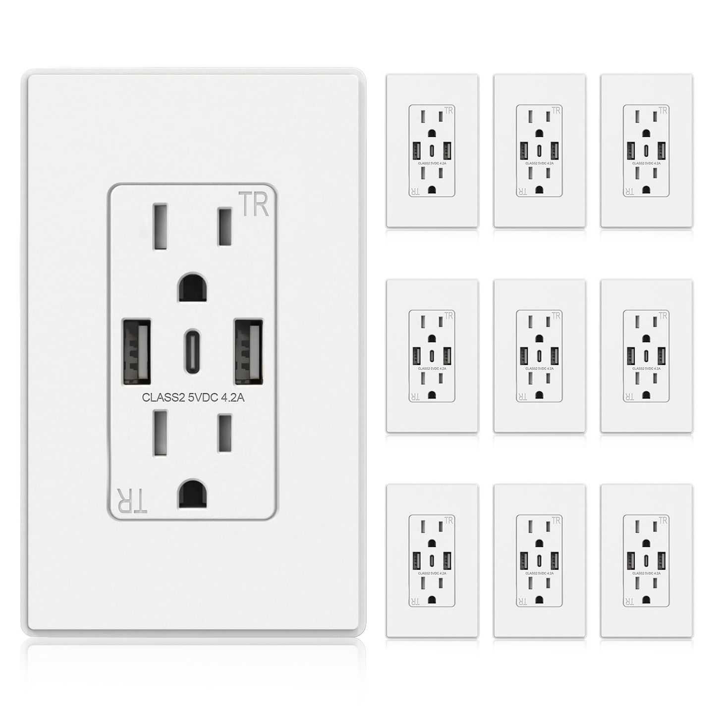 3-Port USB-C Wall Outlet Receptacle, Matte Black, 15 Amp, TR Tamper-Resistant, Screwless Wall Plate Included, UL & CUL Listed, Single Pack