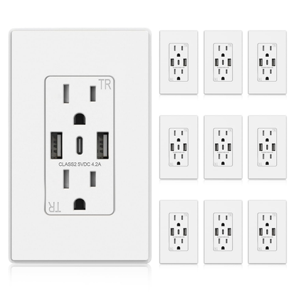 3-Port USB-C Wall Outlet Receptacle, Matte Black, 15 Amp, TR Tamper-Resistant, Screwless Wall Plate Included, UL & CUL Listed, Single Pack