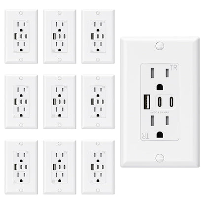 15 Amp Wall Outlet with 3 USB Ports, Dual USB-C Ports, Tamper-Resistant Design, Includes Wall Plate, UL/CUL Listed, Black, 1 Pack