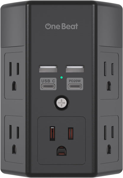 1680J 3-Sided Power Strip with Surge Protection, 5 Outlet Expander, 4 USB Ports (USB-C), Wall Mount Charger, Outlet Splitter Adapter for Home, Travel, and Office, ETL Listed, White