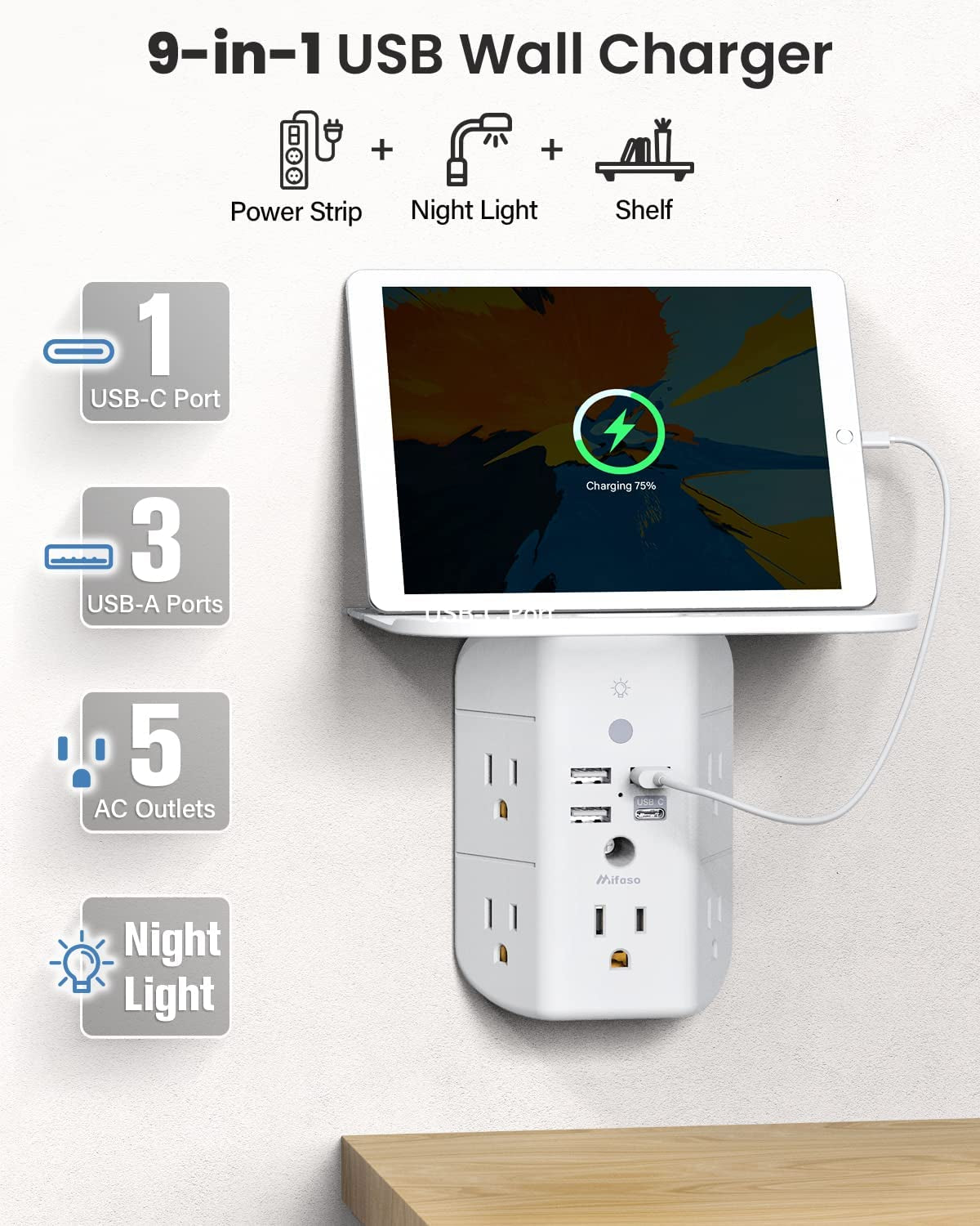 3-Sided Multi-Plug Power Strip with Shelf, Night Light, Surge Protection, and USB Wall Charger - 5 AC Outlets, 3 USB Ports, and 1 USB-C Port, White