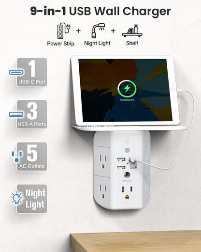 3-Sided Multi-Plug Power Strip with Shelf, Night Light, Surge Protection, and USB Wall Charger - 5 AC Outlets, 3 USB Ports, and 1 USB-C Port, White