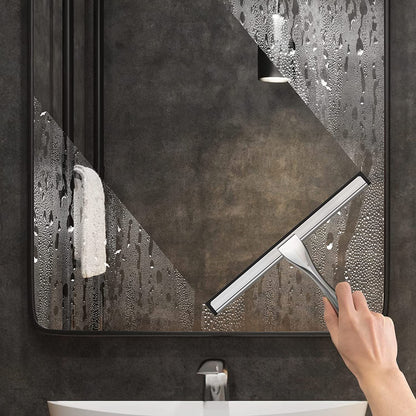 Premium Stainless Steel Shower Squeegee with Adhesive Hooks - 10 Inch Multi-Surface Cleaner for Glass Doors, Tiles, and Mirrors - Effortless Bathroom and Car Cleaning Tool