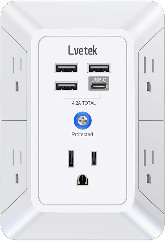 5-Outlet Multi-Plug Wall Extender with 4 USB Charging Ports (Including 1 USB-C), 3-Sided 1680J Surge Protector Power Strip, ETL Listed, Ideal for Home, Office, and Travel, White