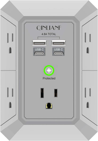 5-Outlet Wall Charger and Surge Protector with 4 USB Charging Ports (4.8A Total) - 3-Sided Power Strip Multi-Plug Adapter for Home, Travel, and Office (Model 3U1C)