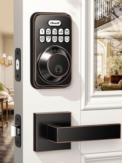 Matte Black Keyless Entry Door Lock Set - Electronic Keypad Deadbolt with Auto-Locking & Anti-Peeping Password, Includes 2 Lever Handles