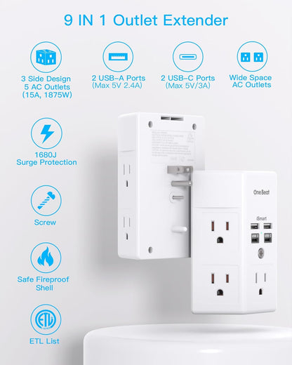 1680J 3-Sided Power Strip with Surge Protection, 5 Outlet Expander, 4 USB Ports (USB-C), Wall Mount Charger, Outlet Splitter Adapter for Home, Travel, and Office, ETL Listed, White