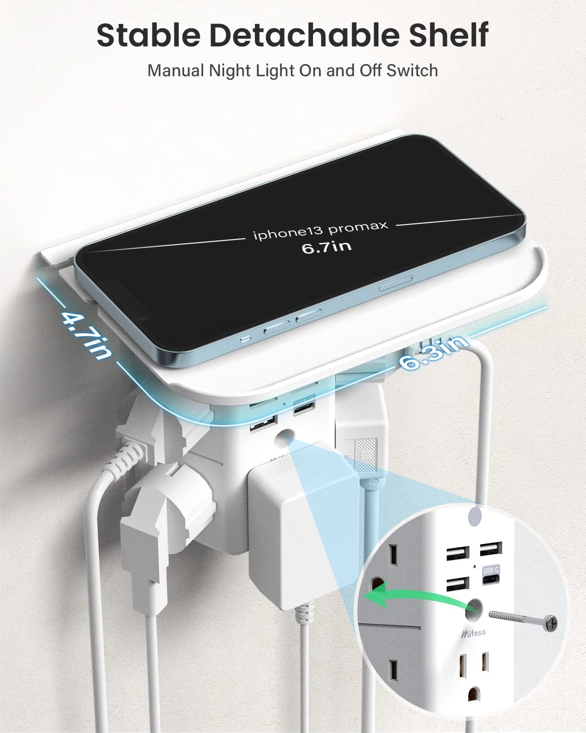 3-Sided Multi-Plug Power Strip with Shelf, Night Light, Surge Protection, and USB Wall Charger - 5 AC Outlets, 3 USB Ports, and 1 USB-C Port, White