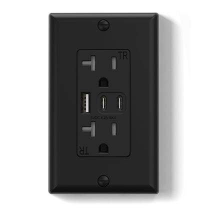 15 Amp Wall Outlet with 3 USB Ports, Dual USB-C Ports, Tamper-Resistant Design, Includes Wall Plate, UL/CUL Listed, Black, 1 Pack