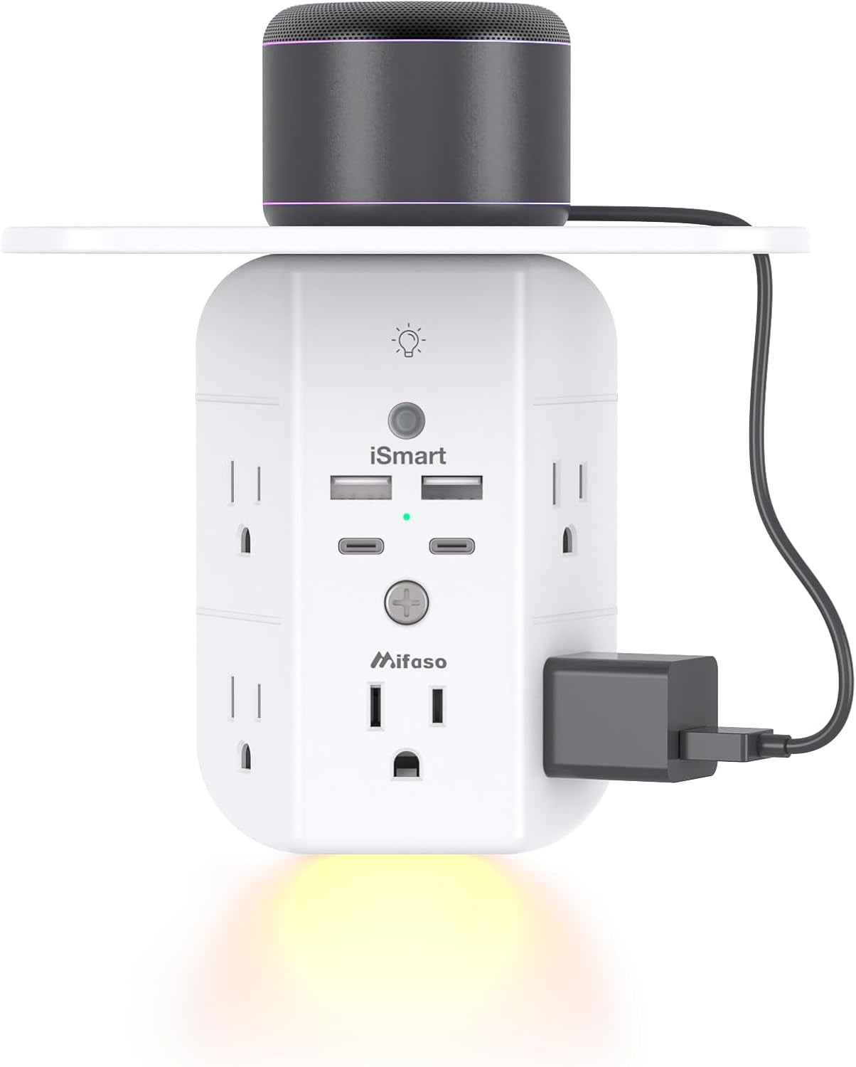 3-Sided Multi-Plug Power Strip with Shelf, Night Light, Surge Protection, and USB Wall Charger - 5 AC Outlets, 3 USB Ports, and 1 USB-C Port, White