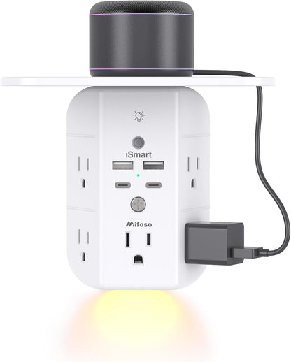 3-Sided Multi-Plug Power Strip with Shelf, Night Light, Surge Protection, and USB Wall Charger - 5 AC Outlets, 3 USB Ports, and 1 USB-C Port, White
