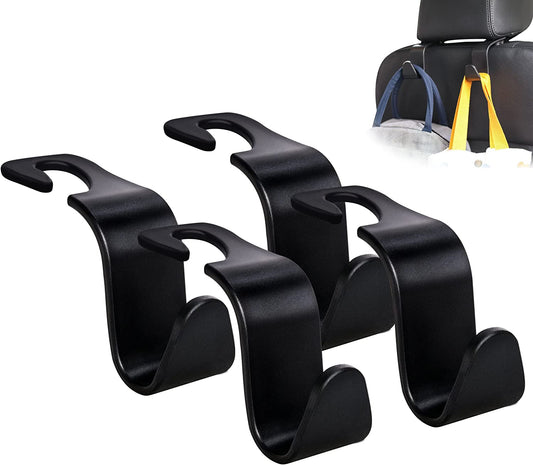 Car Seat Headrest Hooks - 4 Pack Universal Storage Organizer for Handbags, Purses, and Coats - Sleek Black S-Type Design
