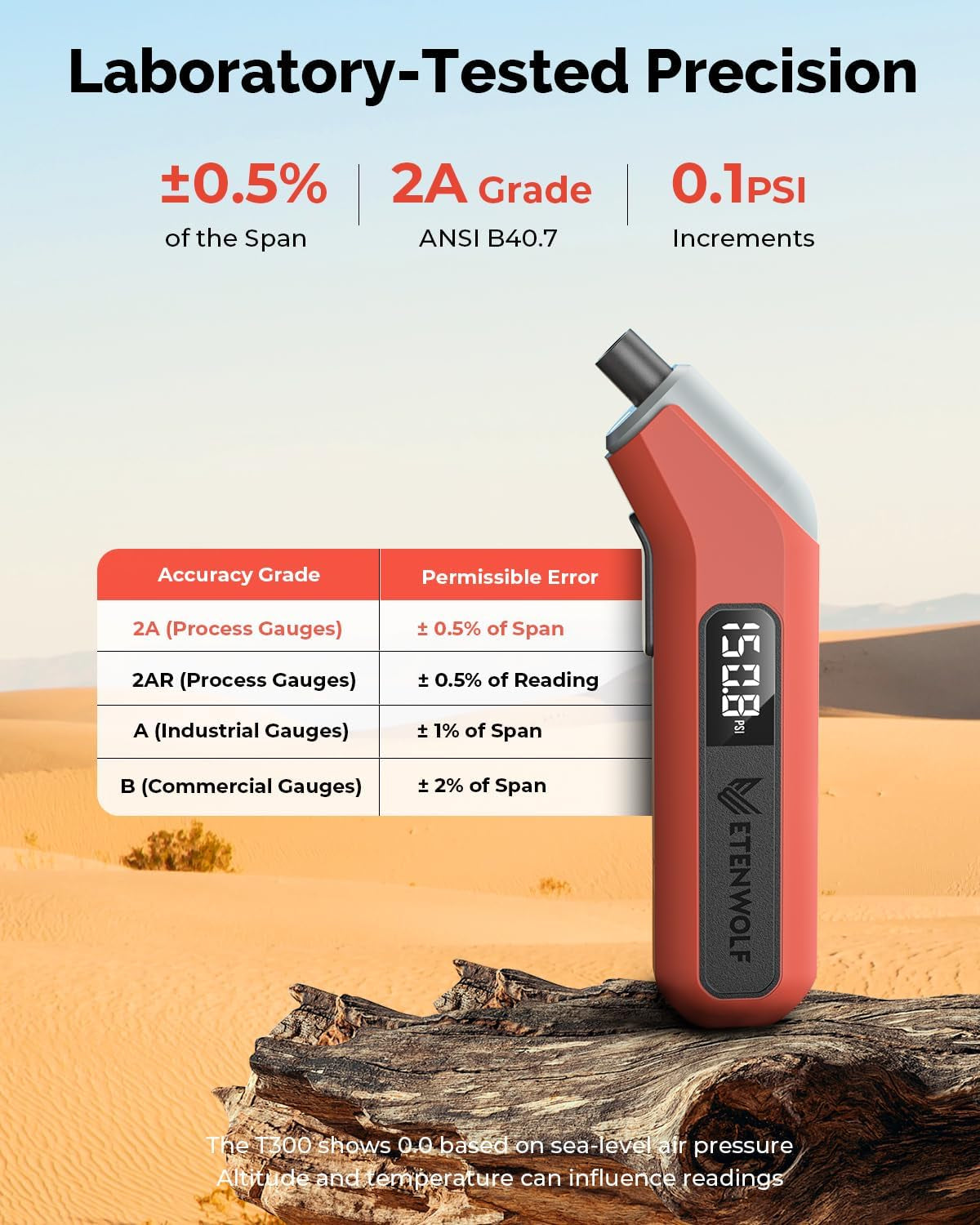 T300 Digital Tire Pressure Gauge - Accurate 3-200 PSI Measurement, ANSI B40.7 Certified, Replaceable AAA Batteries, Eye-Catching Vivid Orange Design