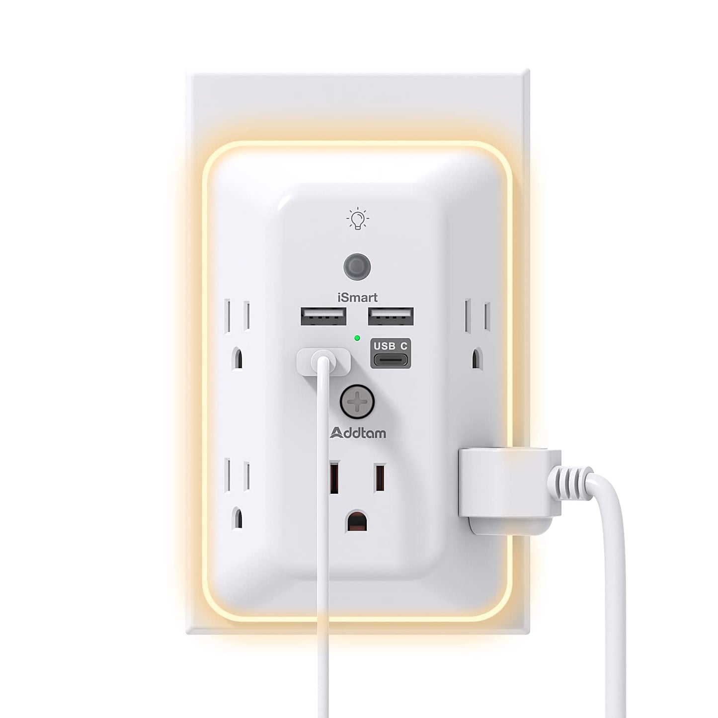 Surge Protector with Night Light, 5-Outlet Splitter and 4 USB Ports (including 1 USB-C), Multi-Plug Wall Outlet for Home, Office, and Dorm Room Use