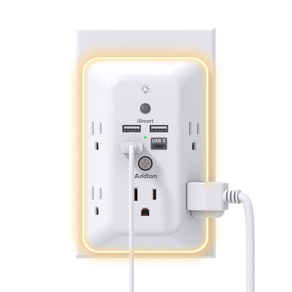 Surge Protector with Night Light, 5-Outlet Splitter and 4 USB Ports (including 1 USB-C), Multi-Plug Wall Outlet for Home, Office, and Dorm Room Use