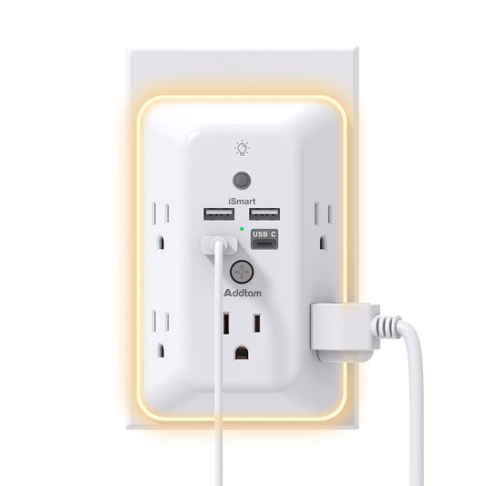 Surge Protector with Night Light, 5-Outlet Splitter and 4 USB Ports (including 1 USB-C), Multi-Plug Wall Outlet for Home, Office, and Dorm Room Use