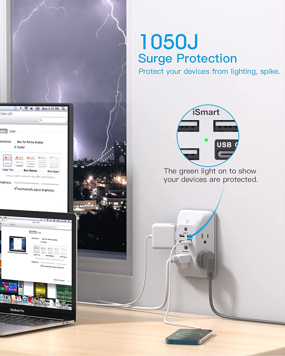 Multi-Functional Outlet Extender with Night Light, USB Wall Charger Surge Protector, and 4 USB Ports (including 1 USB-C) for Home, Office, and Dorm Room - ETL Certified