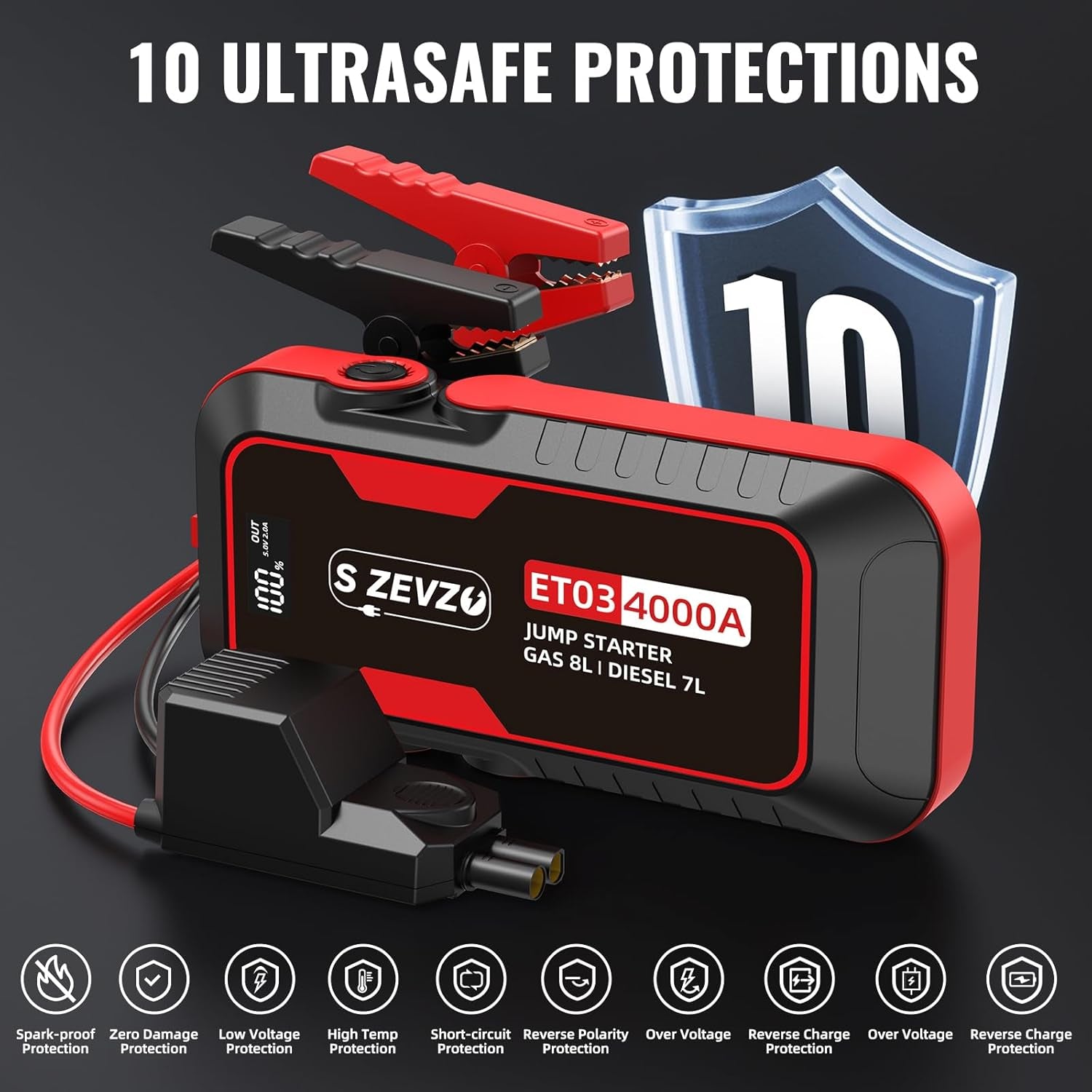 Powerful ET03 Car Jump Starter - 4000A Battery Pack for 8.0L Gas & 7.0L Diesel Engines, 74Wh Portable 12V Jump Box with USB Ports, LCD Display, LED Light & Storage Case