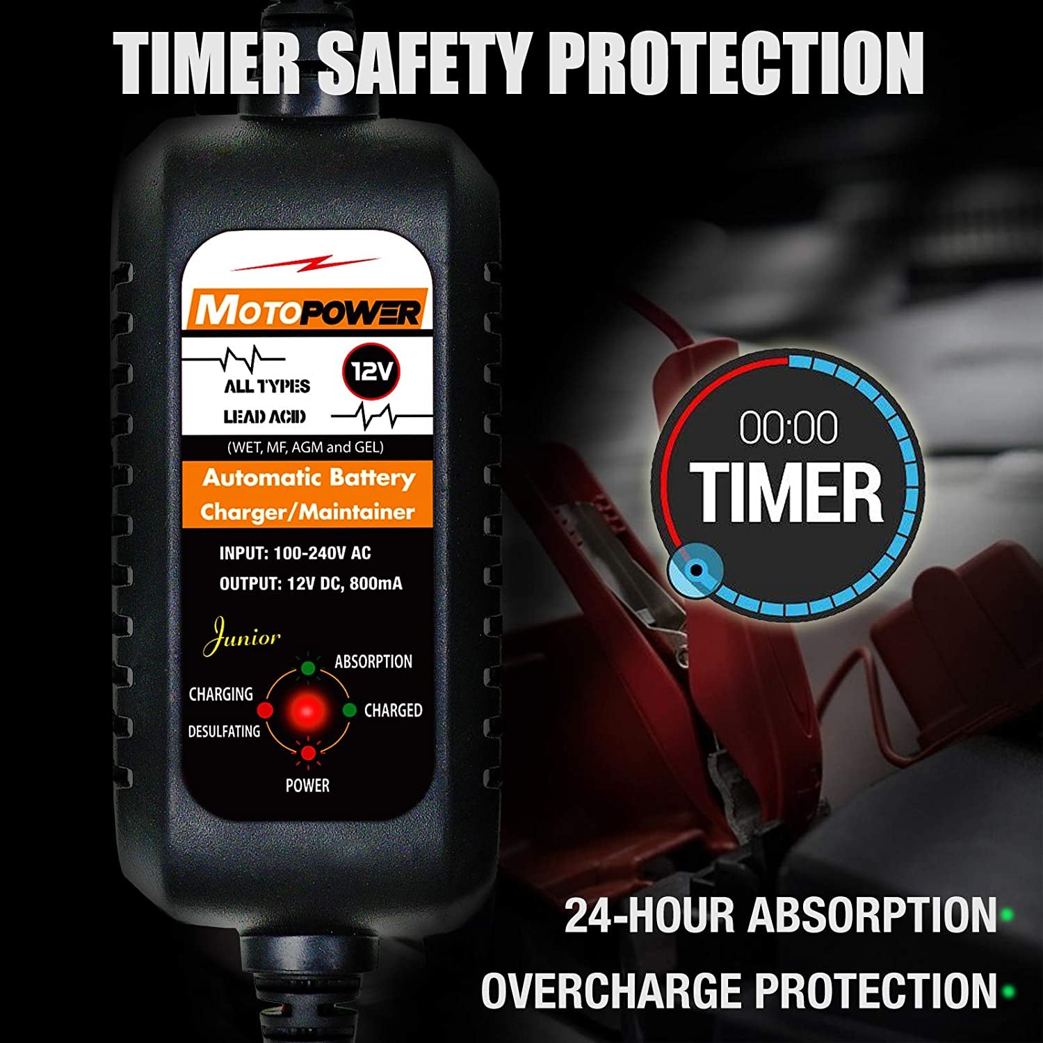 12V 800mA Automatic Battery Charger & Maintainer - Trickle Charge & Desulfator