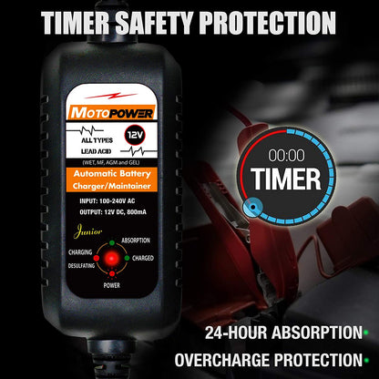 12V 800mA Automatic Battery Charger & Maintainer - Trickle Charge & Desulfator