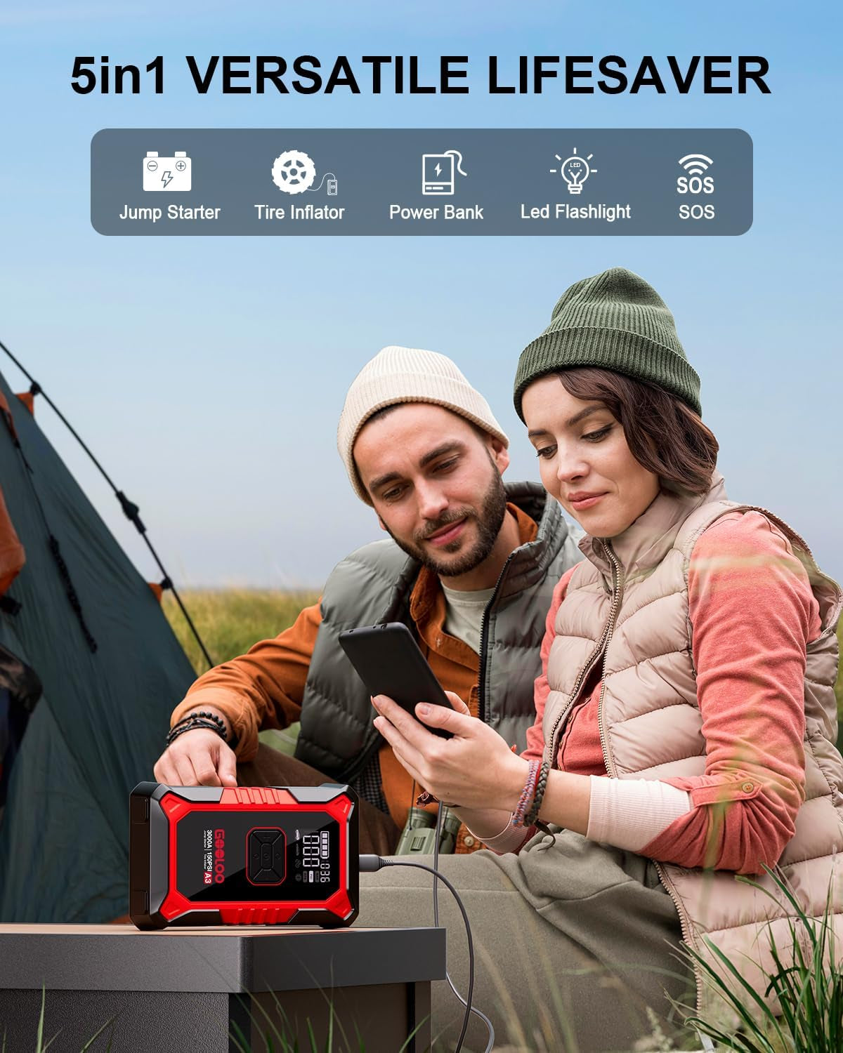 Powerful A3 Jump Starter & Air Compressor - 3000A Portable Car Battery Booster for Gas & Diesel Vehicles with 150PSI Auto-Shutoff Tire Inflator