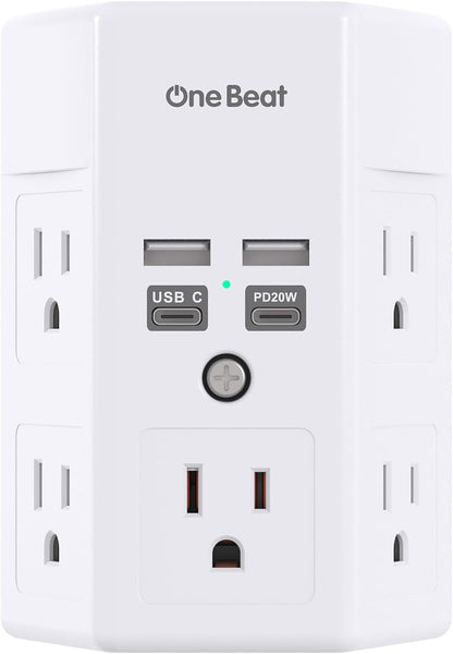 1680J 3-Sided Power Strip with Surge Protection, 5 Outlet Expander, 4 USB Ports (USB-C), Wall Mount Charger, Outlet Splitter Adapter for Home, Travel, and Office, ETL Listed, White