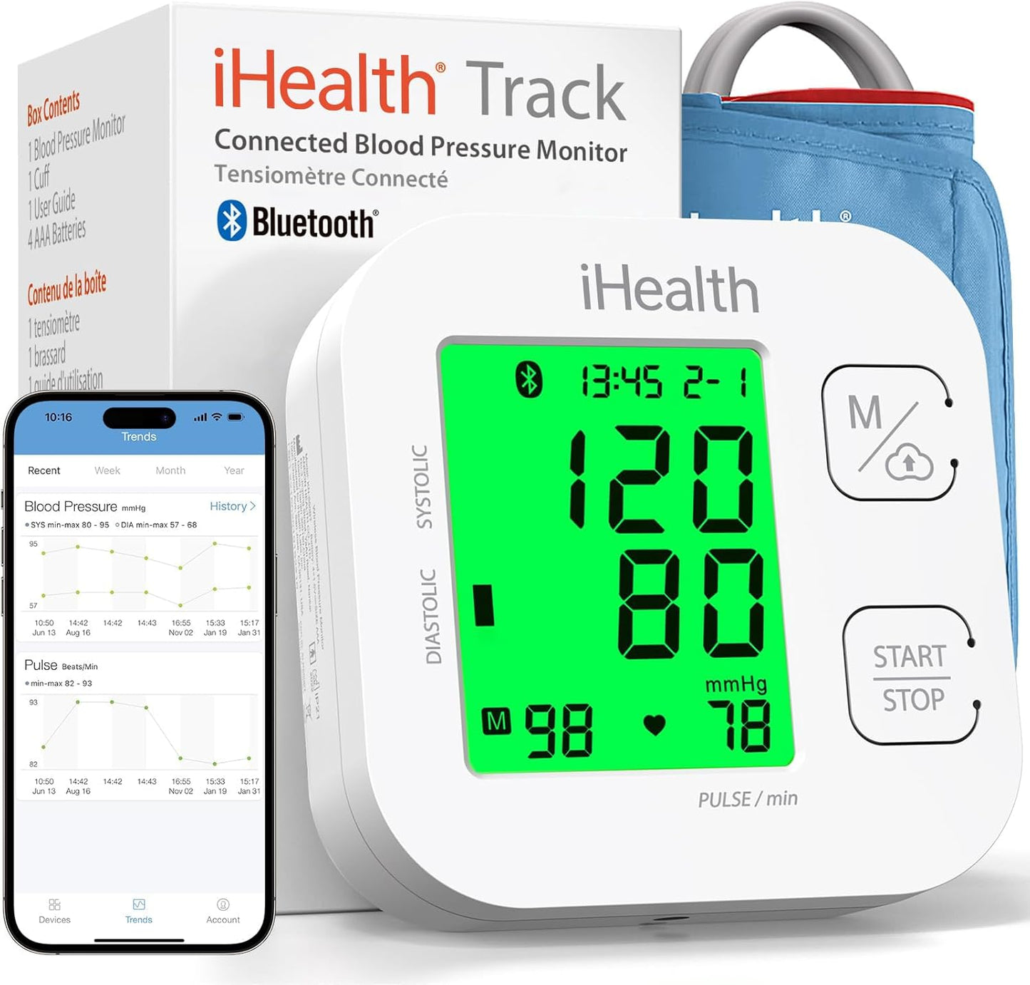 Smart Upper Arm Blood Pressure Monitor with Adjustable Cuff for Adult Sizes, Bluetooth Compatible with iOS and Android Devices