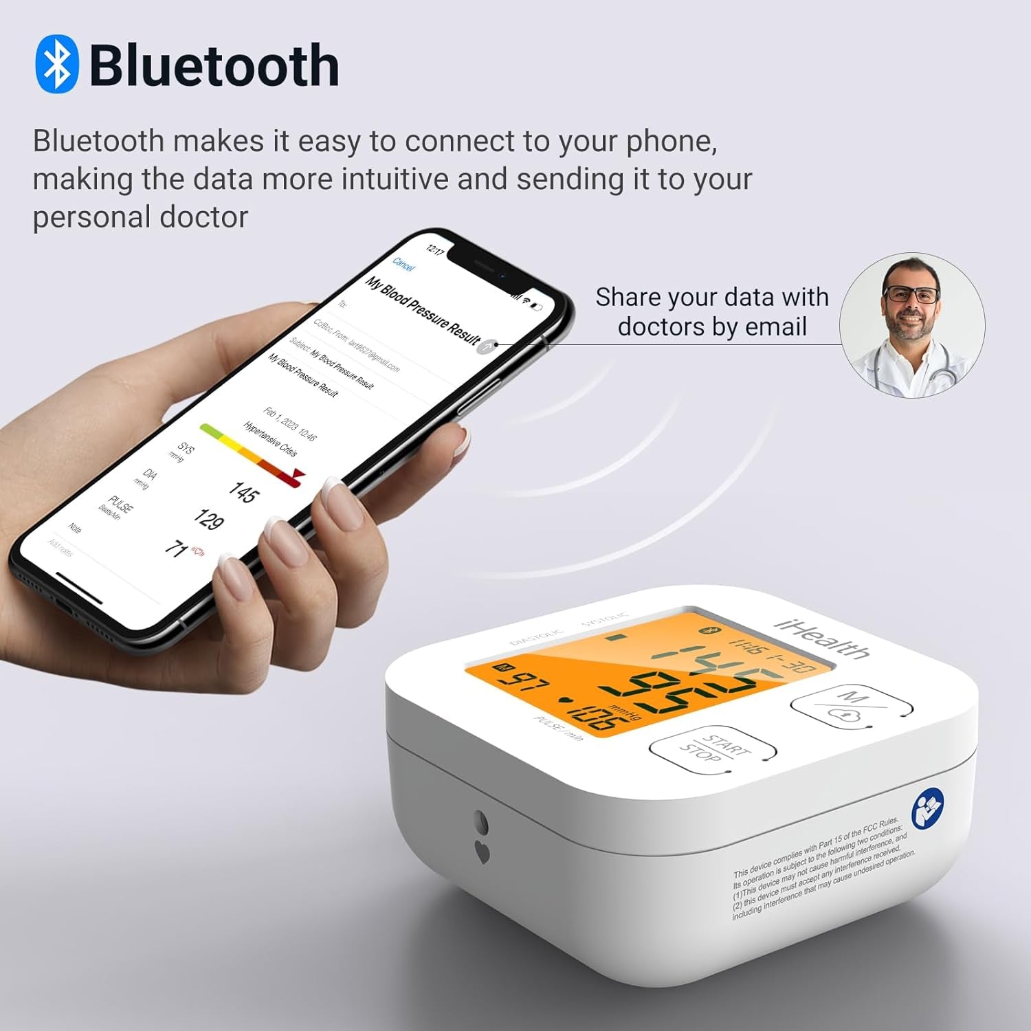 Smart Upper Arm Blood Pressure Monitor with Adjustable Cuff for Adult Sizes, Bluetooth Compatible with iOS and Android Devices