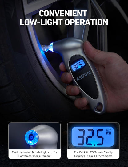Digital Tire Pressure Gauge 0-150PSI - Accurate to 0.1 PSI, Backlight LCD, Presta Valve Adaptor - Perfect Stocking Stuffer for Cars, Trucks, and Bicycles - Sleek Silver Design