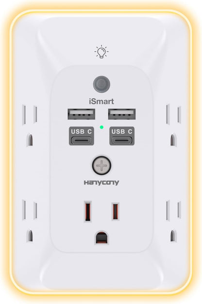 Multi-Functional Outlet Extender with Night Light, USB Wall Charger Surge Protector, and 4 USB Ports (including 1 USB-C) for Home, Office, and Dorm Room - ETL Certified