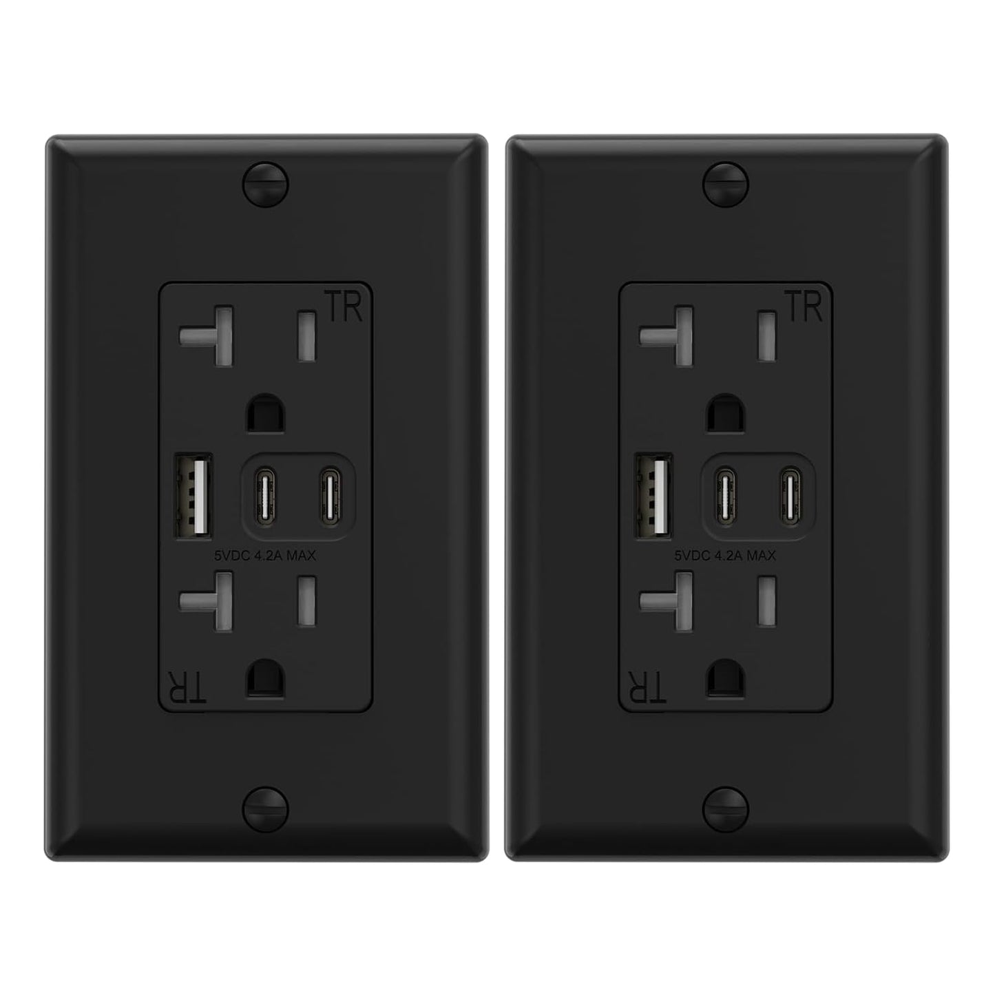 15 Amp Wall Outlet with 3 USB Ports, Dual USB-C Ports, Tamper-Resistant Design, Includes Wall Plate, UL/CUL Listed, Black, 1 Pack