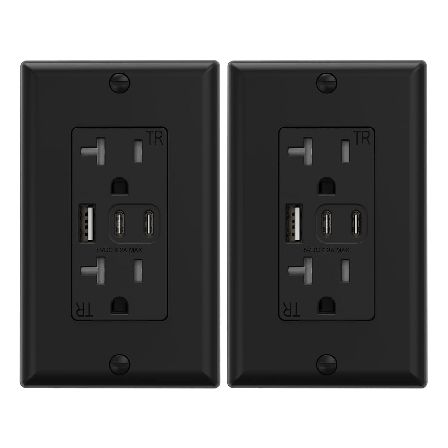 15 Amp Wall Outlet with 3 USB Ports, Dual USB-C Ports, Tamper-Resistant Design, Includes Wall Plate, UL/CUL Listed, Black, 1 Pack