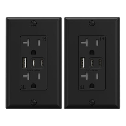15 Amp Wall Outlet with 3 USB Ports, Dual USB-C Ports, Tamper-Resistant Design, Includes Wall Plate, UL/CUL Listed, Black, 1 Pack