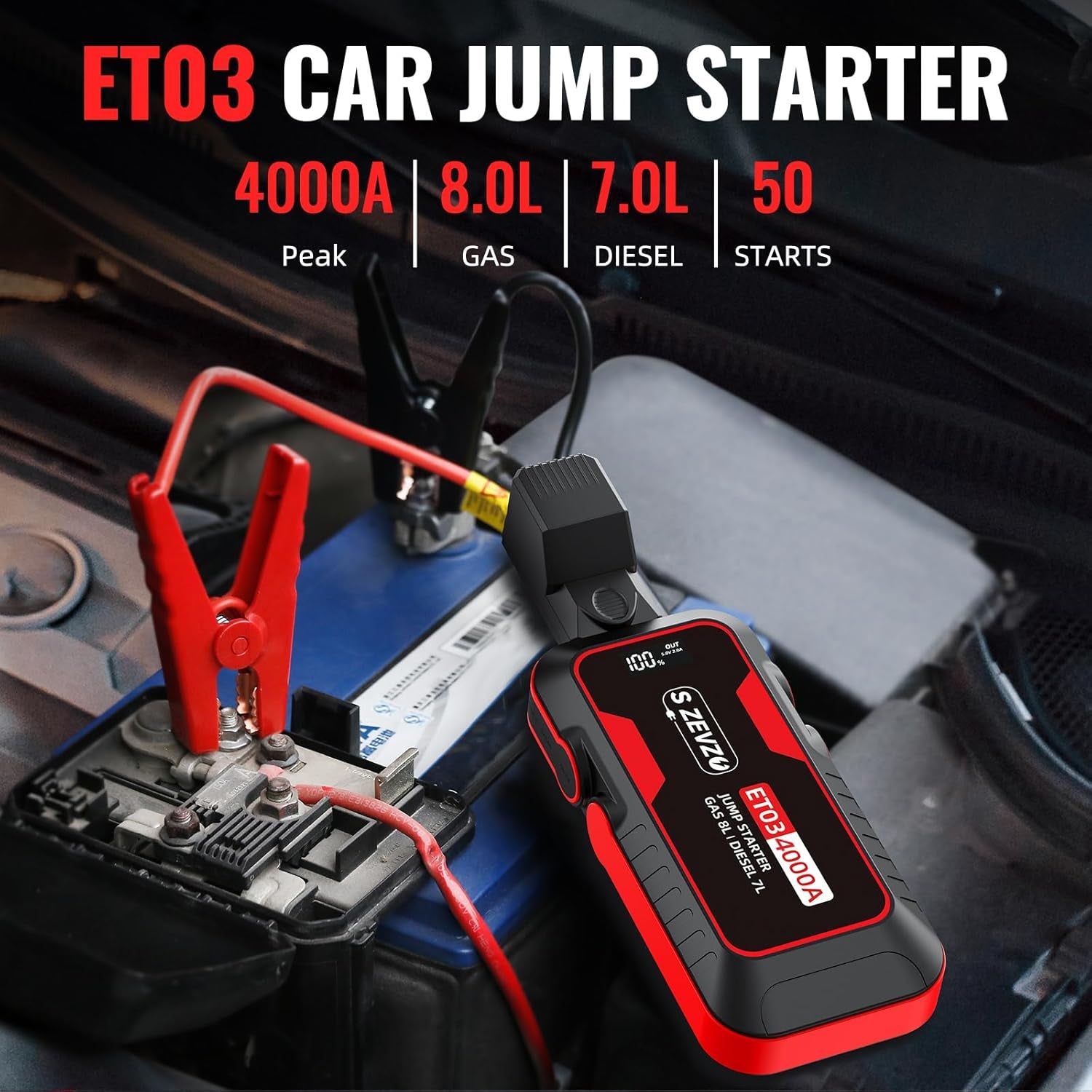 Powerful ET03 Car Jump Starter - 4000A Battery Pack for 8.0L Gas & 7.0L Diesel Engines, 74Wh Portable 12V Jump Box with USB Ports, LCD Display, LED Light & Storage Case