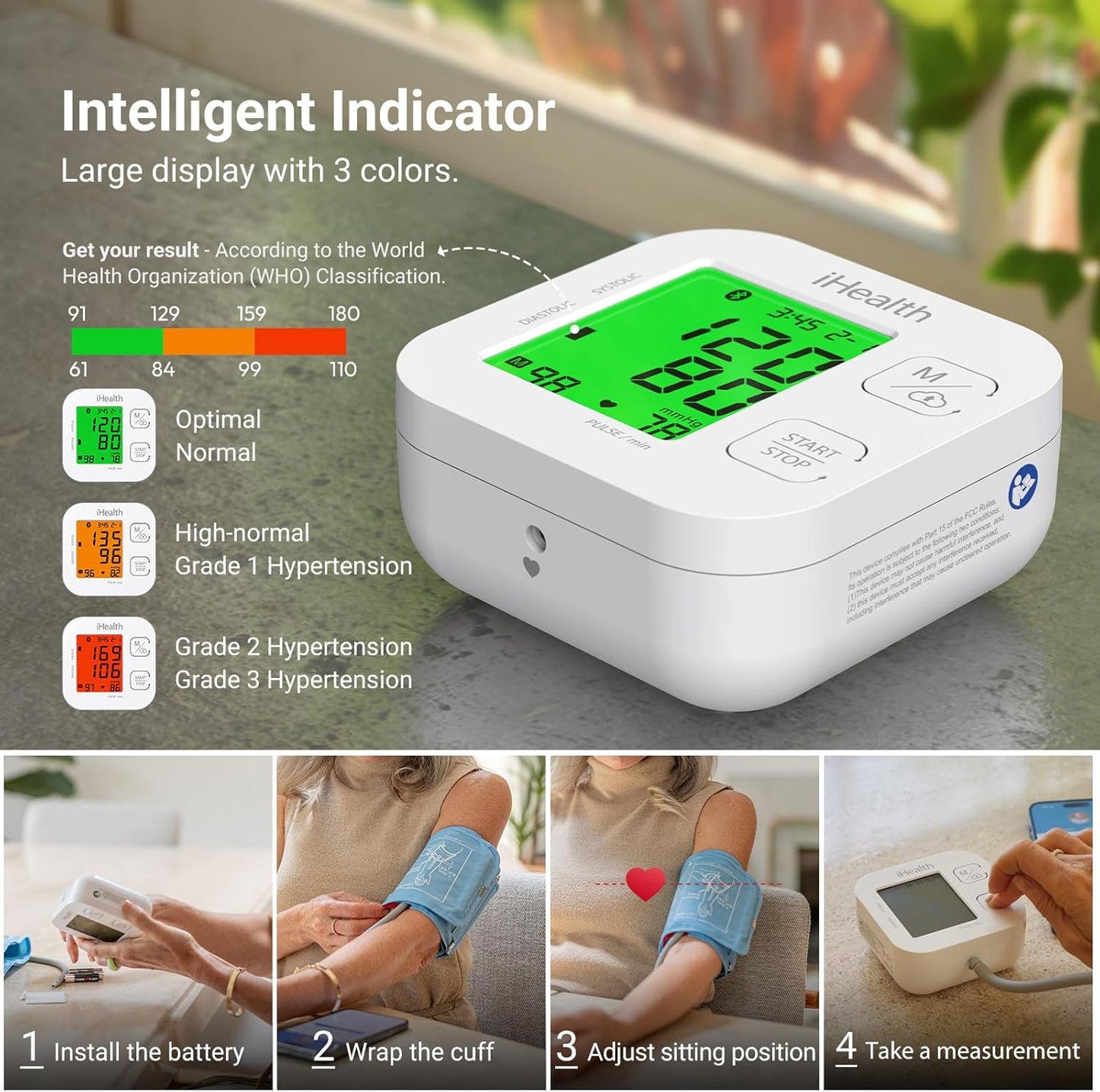 Smart Upper Arm Blood Pressure Monitor with Adjustable Cuff for Adult Sizes, Bluetooth Compatible with iOS and Android Devices