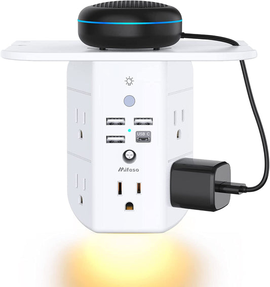 3-Sided Multi-Plug Power Strip with Shelf, Night Light, Surge Protection, and USB Wall Charger - 5 AC Outlets, 3 USB Ports, and 1 USB-C Port, White